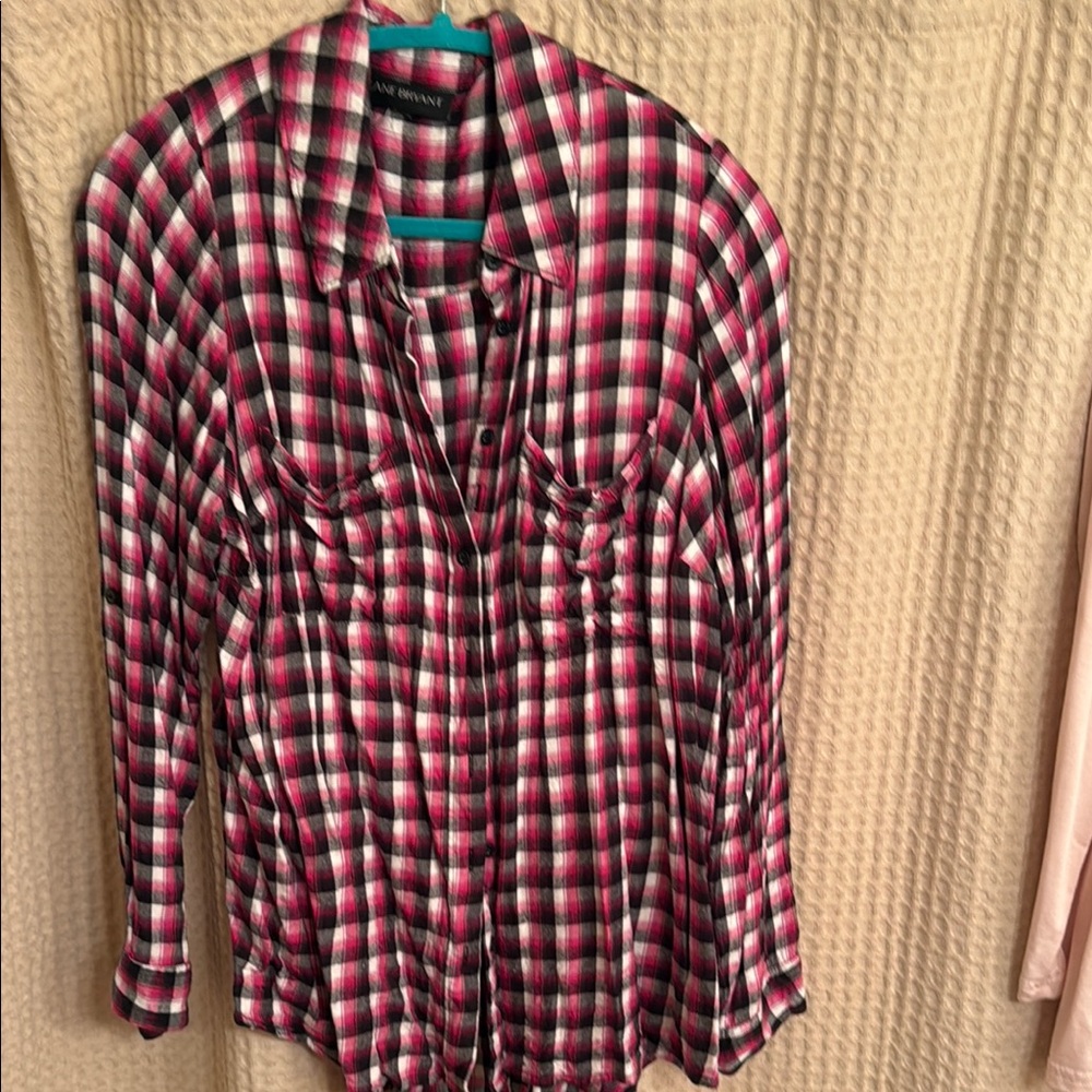 Lane Bryant Red and Black Long Sleeve Button Down Shirt